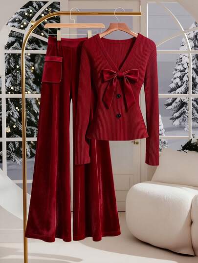 GlowEve 2pcs/Set 2025 Autumn/Winter New Elegant Classic Christmas Long Sleeve T-Shirt And Pants Set
