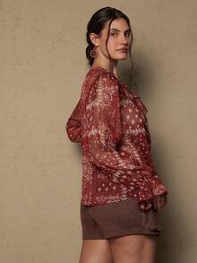 Freevana Áo cánh tay bèo họa tiết chắp vá Schiffy thường ngày dành cho nữ cỡ lớn, mặc đi nghỉ, mùa xuân/hè/thu - Màu Đỏ Sâu - Xem 4