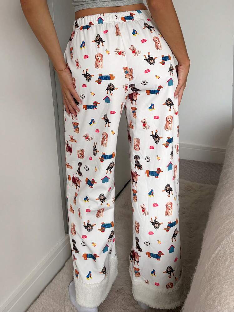 Dog Print Fleece Patchwork Design Cozy Winter Loose Women Fluffy Sleep Bottoms