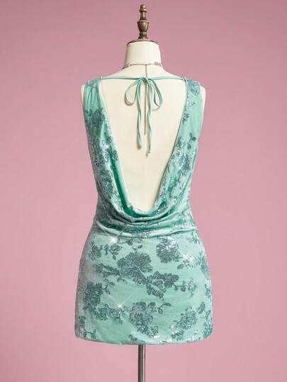 ROMWE Avant Heavily Beaded & Sequined Backless Draped Neck Design Velvet Party Dress, Sapphire Blue