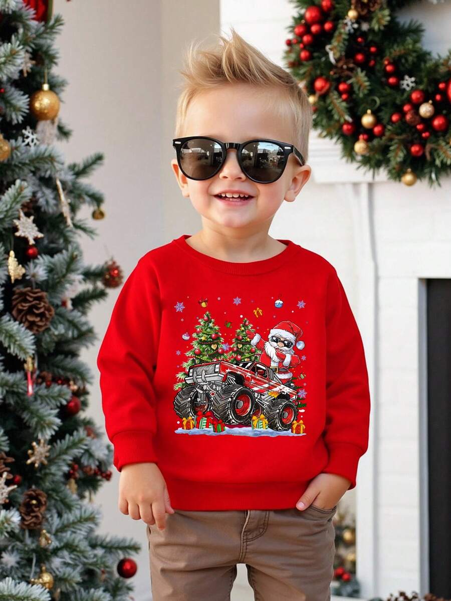 SHEIN Felpa natalizia da ragazzo alla moda, con grafica di Babbo Natale, renne e slogan, in atmosfera natalizia kawaii e carina, adatta per feste di Natale e uscite, morbida e confortevole - Rosso - Visualizzare 1