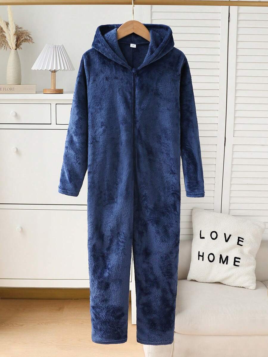 Einfacher, klassischer marineblauer Flanell Jumpsuit mit Kapuze und Reißverschluss Einfarbig für Jungen, perfekt für den Winter. Schlafanzug für Jungen - marineblau - Übersicht 1