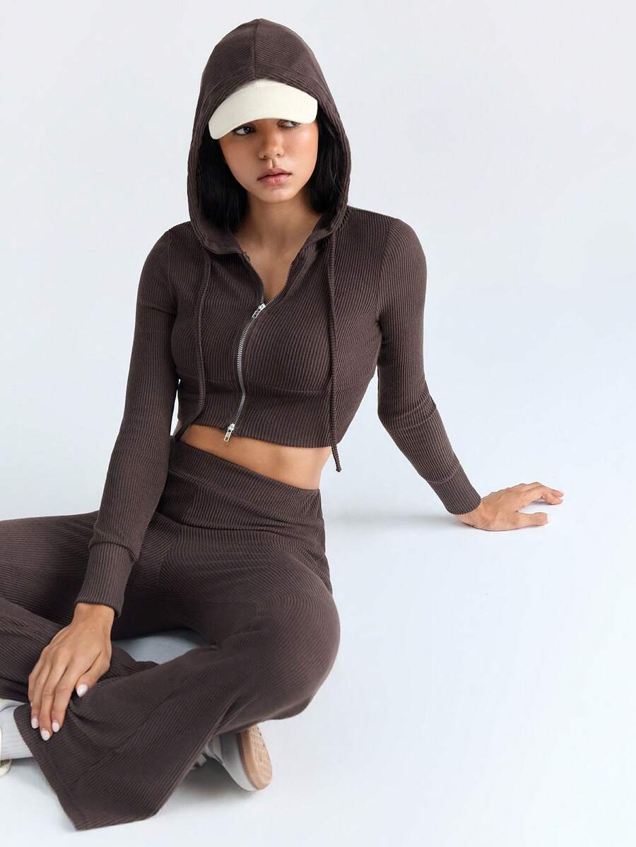 Loungeista 两件套女士连帽拉链长袖露脐上衣和喇叭裤家居服套装，休闲睡衣，适合户外穿着，秋冬季舒适保暖，秋季服装 - 棕色 - 查看 1