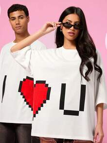 Manfinity VCAY 2pcs/Set Couple Matching Loose Fit Round Neck Short Sleeve T-Shirts, Heart & "I Love You" Print, Casual Everyday Wear - White - View 2