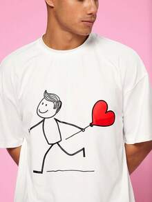 Manfinity VCAY 2pcs/Set Couple's Casual Loose Fit Cartoon Character & Heart Print Short Sleeve T-Shirt - White - View 5