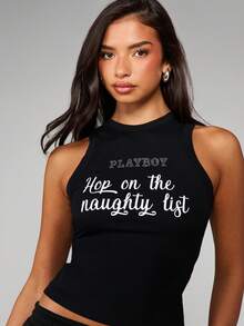 Missguided x Playboy Sleeveless Tank Top With Christmas Holiday Slogan Print For Casual Wear - Black - View 4
