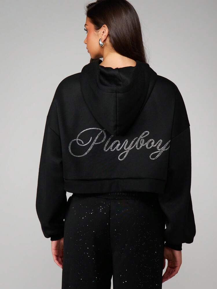 Missguided x Playboy 오버사이즈 디아만테 크롭 지퍼 후드 티셔츠