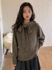 DAZY 少女撞色高领毛衣，带蝴蝶结 - 灰色 - 查看 4