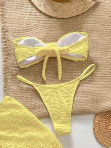 Swim Chiccia Set de costum de baie sexy cu 3 piese, top texturat fără bretele, slip triunghiular și fustă mini - Galben - Vizualizare 2