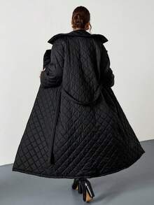 Firerie Abrigo acolchado de unicolor simple para uso diario y casual con cuello de solapa y cinturón de amarre para mujer talla grande, invierno - Negro - Ver 2