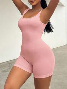 VaVaBold Bộ áo liền quần Bodycon màu trơn đơn giản hàng ngày cho nữ - Hồng - Xem 6