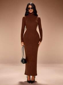 Radiana Vestido longo feminino sexy, minimalista e elegante, marrom café, com gola alta e textura canelada felpuda. Confeccionado em malha de alta elasticidade, modelagem que valoriza a silhueta. Estilo minimalista, confortável e versátil, ideal para passeios casuais, trabalho, festas e até mesmo para o Dia de Ação de Graças. - Castanho Café - Ver 5