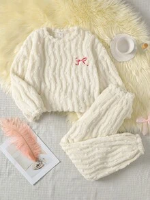 SHEIN 少女休闲双面抓绒长袖睡衣套装 - 波浪波点图案 - 杏色 - 查看 2