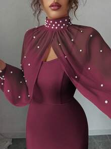 Elenzga New Elegant Mature Charm Evening Gown, Formal Dress, Dignified & Gentle, Dreamy Pink, Hand-Beaded Long Sleeve Top, Graceful Mermaid Hem Bodycon Slip Dress Set