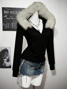 SHEIN ICON 女式休闲复古修身毛领连帽常规外套，带骷髅翅膀图案，适合秋冬，复古复古，Y2K，十字图案印花，街头服饰，复古，复古，垃圾摇滚，朋克， - 黑色 - 查看 2