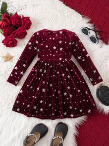 少女优雅可爱星形图案丝绒红色长袖连衣裙 - 酒紅色 - 查看 2