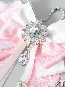 ROMWE Anime 1pc Pink & White Kawaii Sweet Cute Y2K Bow Crystal Moon Print Handmade Keychain, Suitable For Preppy, Lolita Style, Can Be Hung On Bags, Pants - Baby Pink - View 4