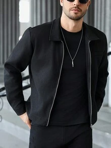 Manfinity CasualCool 休闲酷炫男士黑色拉链羊毛夹克 - 大码，适合万圣节、圣诞节、休闲街头穿搭和约会，是送给男友/丈夫的完美礼物，适合特殊场合。男士短款夹克，针织夹克，男士外套，长袖拉链衬衫 - 黑色 - 查看 5