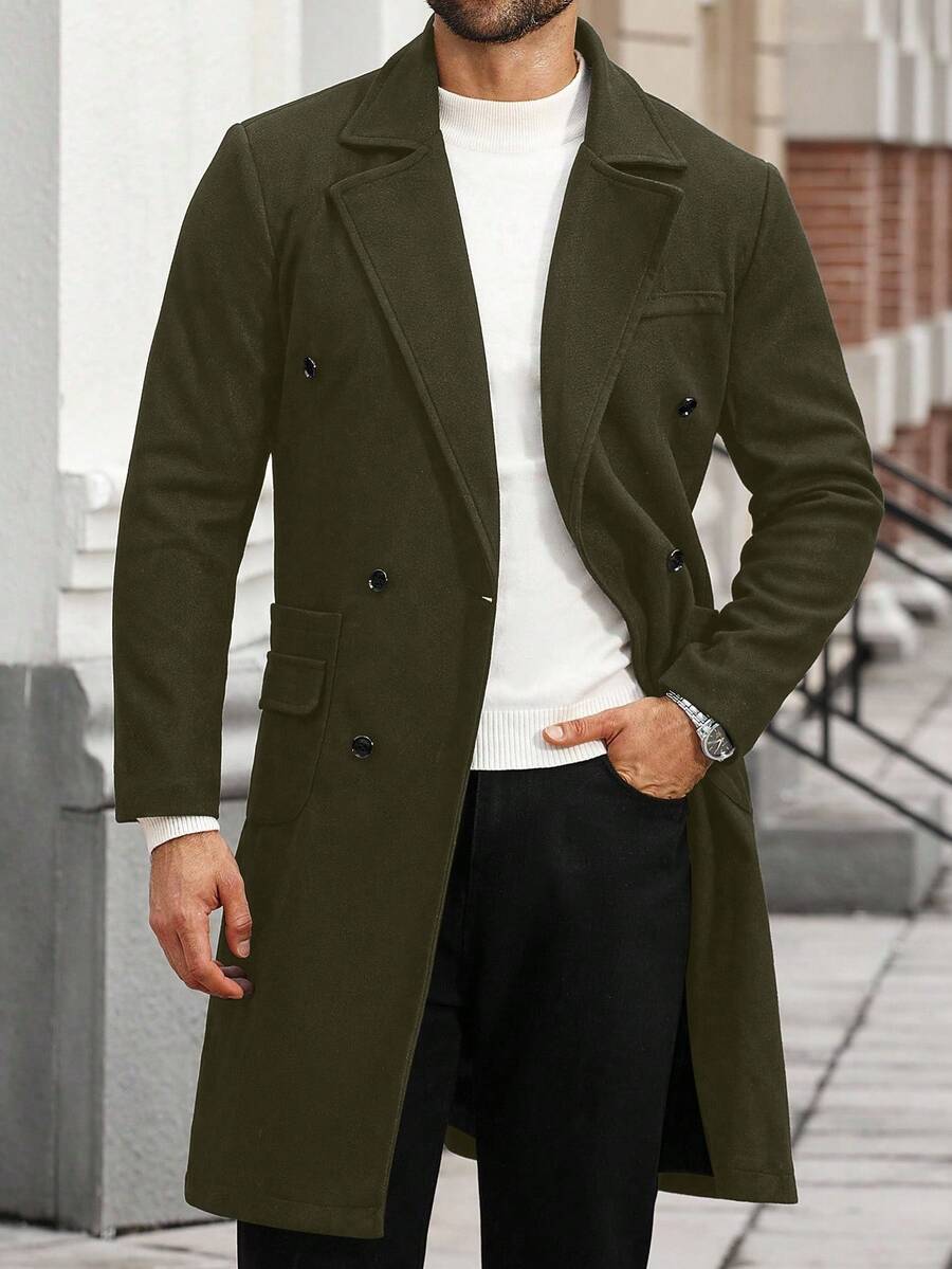 Manfinity CasualCool 男士加大码纯色口袋纽扣长袖外套,秋季男士长款绿色外套,男士绿色风衣,男士休闲绿色外套,适合冬季穿着 - 軍綠色 - 查看 1