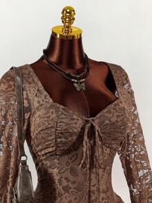 Vestido de línea A con cintura ceñida y escote bajo para mujer de talla grande - Multicolor - Ver 6