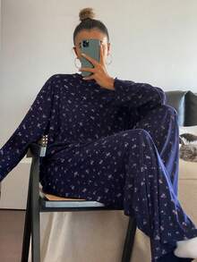 DAZY 碎花宽松舒适女士睡衣套装，秋冬服装 - 藏蓝色 - 查看 5