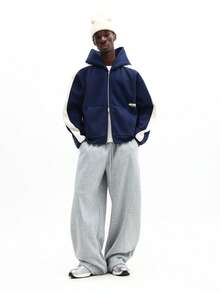 SUMWON 男士拉链连帽衫，背面印花图案设计，休闲宽松版型，街头服饰 - 藍色 - 查看 6