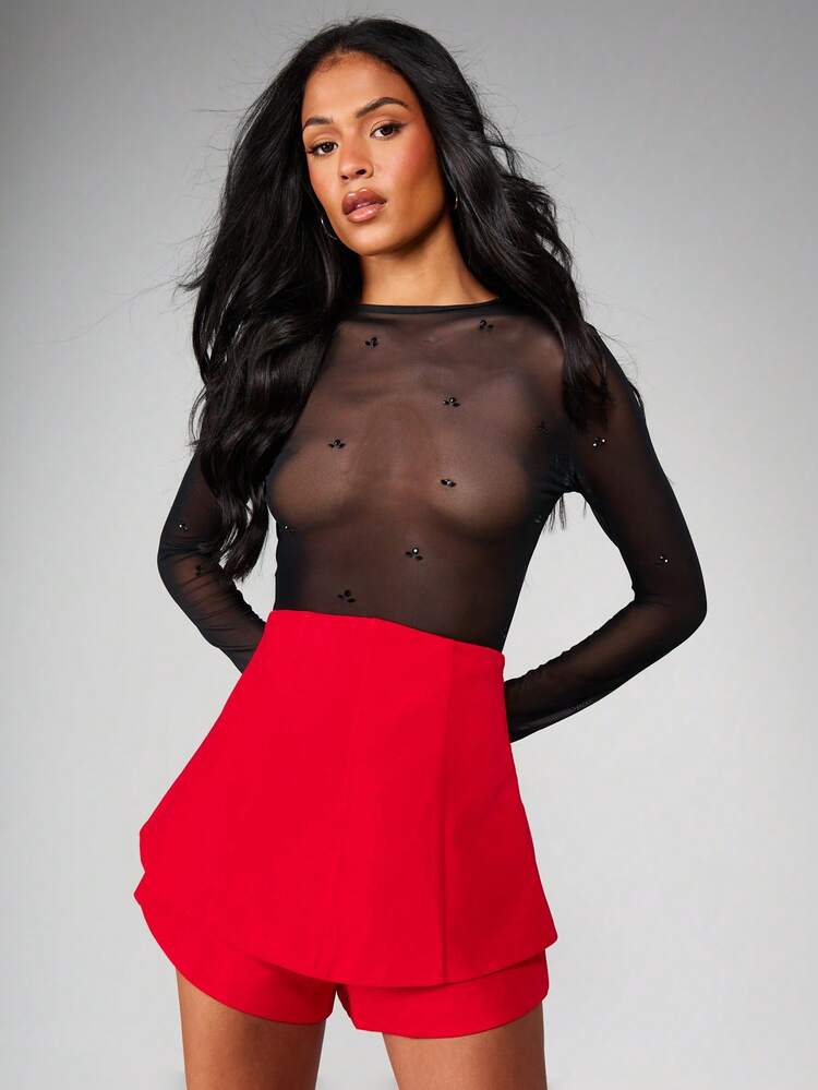 MISSGUIDED Świąteczny, siateczkowy, z długim rękawem i zdobiony kryształkami, przezroczysty, imprezowy body klubowy