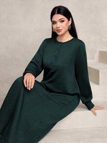 女士休闲纹理面料圆领宽松长款卫衣，绿色，秋冬 - 墨綠色 - 查看 6