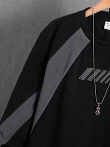 SHEIN 青少年男童/青少年男童休闲日常舒适拼接撞色刺绣圆领宽松套头抓绒卫衣 - 黑色 - 查看 5