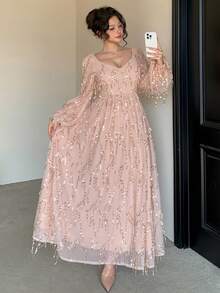 DAZY 女士优雅亮片灯笼袖连衣裙，秋季婚礼宾客礼服吊带裙 - 杏色 - 查看 8