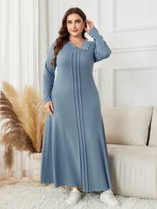 Lacomfia Gaun Kasual Maxi Rajut Jacquard Warna Polos Lengan Panjang Ukuran Besar - Dusty Blue - View 4