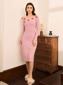 Vestaglia elegante e comoda Moireta in tessuto lavorato a maglia con motivo floreale, adatta per il loungewear, per l'autunno e l'inverno - Rosa - Visualizzare 5