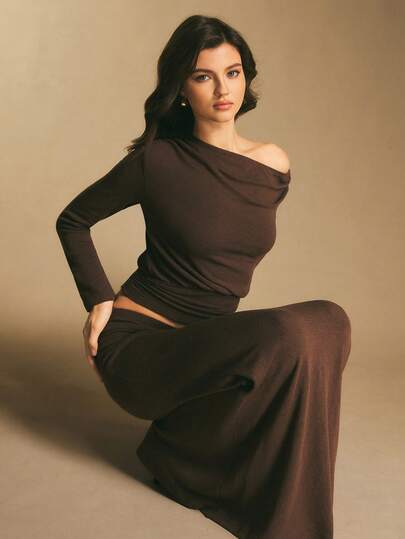 Poéselle 女士纯色简约日常穿搭不对称肩部上衣和半裙两件套