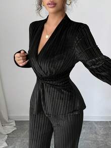 Elenzga New Elegant V-Neck Twist Waist Long Sleeve Top And Flare Leg Pants Set - Black - View 3