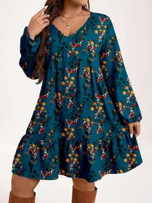 EMERY ROSE Vintage Green Floral Print Plus Size Dress New Year Party - Teal Blue - View 4