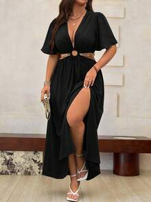 Roveilla Plus Deep V Neck Cut Out Waist Split Thigh Dress Maxi Women Outfit - Black - View 1