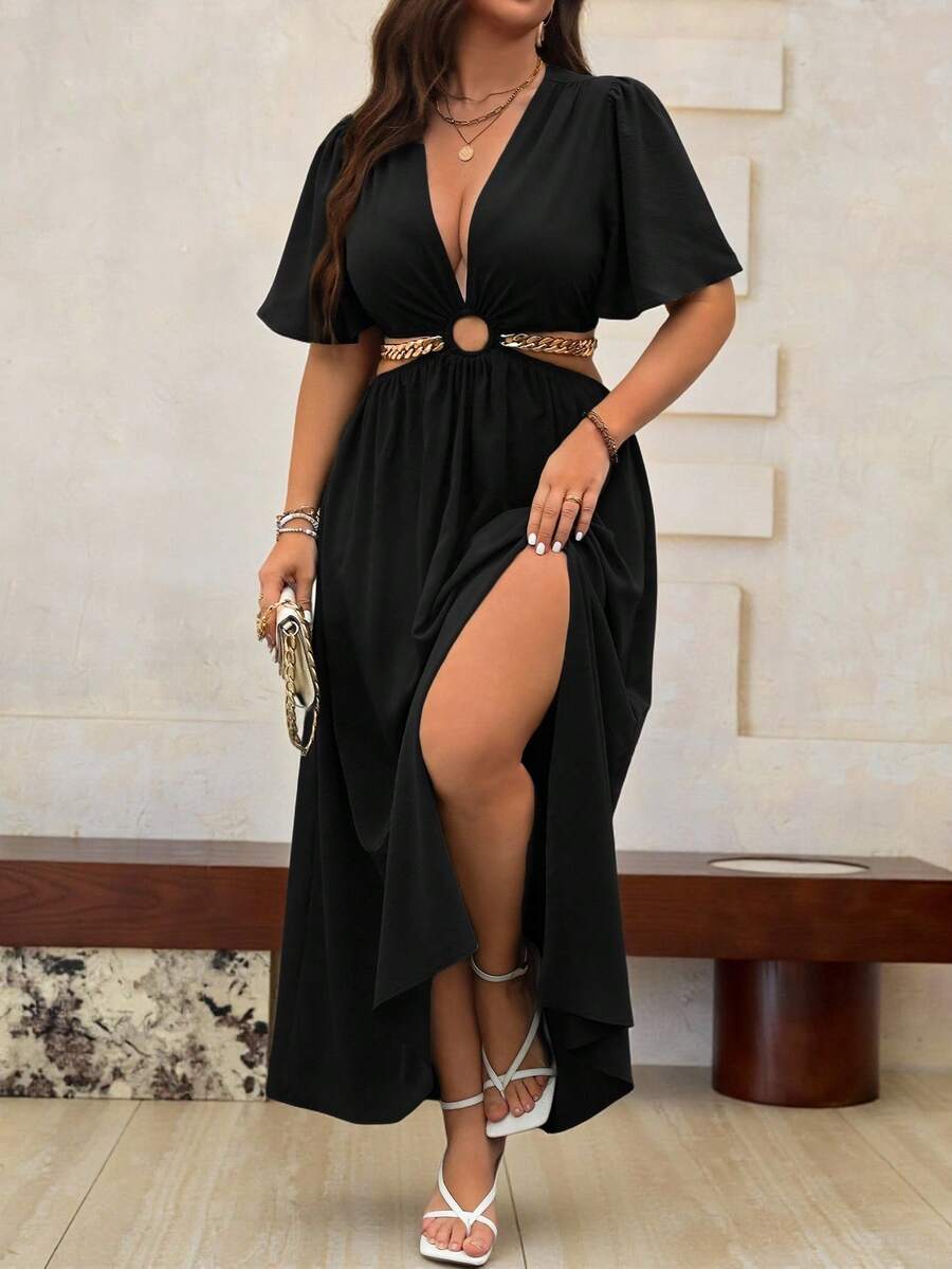 Roveilla Plus Deep V Neck Cut Out Waist Split Thigh Dress Maxi Women Outfit - Black - View 1
