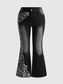 ROMWE Goth 哥特式复古花卉印花修身性感弹力大码喇叭牛仔裤 - 黑色 - 查看 2