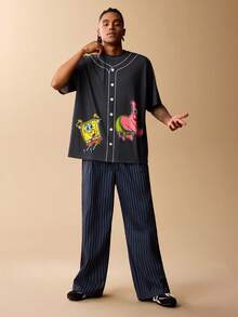 SpongeBob SquarePants | SHEIN 男士休闲卡通图案短袖T恤，夏季 - 深灰色 - 查看 5