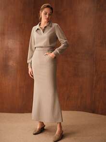 MOTF PREMIUM 罗纹长袖上衣和鱼尾裙 - 卡其色 - 查看 4