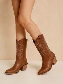 Bota de mujer estilo vaquero bordado punta almendra tacón grueso urbana para concierto y diario botín de caña media - Camel - Ver 1