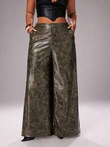 Rustia Party Fall Autumn And Winter Plus Size Retro Punk Style PU Wide Leg Pants - Brown - View 5
