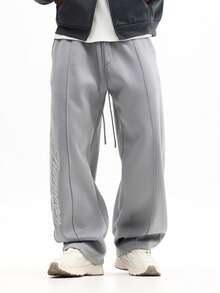 SUMWON 宽松版型运动裤，饰有同色系刺绣细节，抽绳腰带，休闲日常居家服，纯色 - 灰色 - 查看 2