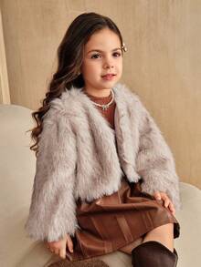 SHEIN Elladie kids Winter New Fashionable & Chic Girls Faux Fur Jacket, Tie Dye Fluffy High-End Short Thick Coat Fall