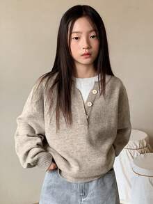 Dazy Kids Girls Slouchy Color Block Henley Neck Pullover Sweater, Soft & Cozy For Big Tween Girl, Fall - Apricot - View 5