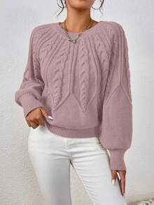 EMERY ROSE Casual Solid Color Lantern Sleeve Sweater, Autumn/Winter - Pink - View 7