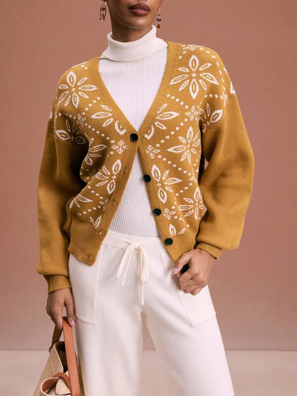 Shutterstock Glamance Cárdigan de manga larga con patrón geométrico para mujer Glamance, abrigo casual para oficina, negocios, viajes, otoño/invierno