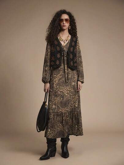 Florisole 女士优雅通勤休闲豹纹荷叶边系带连衣裙