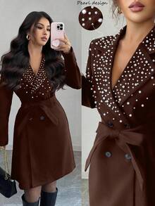 Elenzga Manteau pour femmes avec décoration de perles, croisé, design cintré à la taille, élégant pour le quotidien, les trajets, le style casual, la mode, le style de rue français, le vintage, les fêtes, les affaires, noir, manches longues, automne/hiver - Tabac - Voir 7
