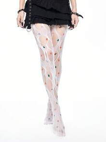 ROMWE Fairycore 2 双 Dopamine Y2K 卡通印花透明圣诞树图案紧身裤和渔网袜组合，可单独穿着或分层穿着，适合夏季音乐节 - 白色 - 查看 1